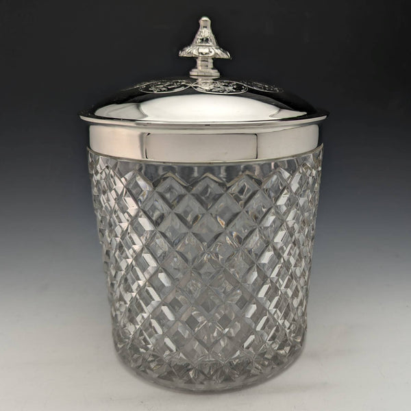 1869 British antique cut glass biscuit barrel silver plate lid